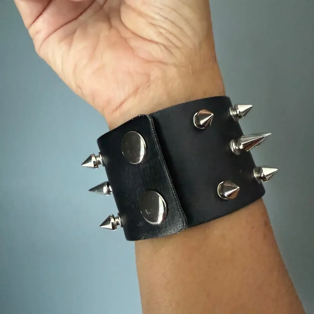 Set of 2 Black Leather Studded Spike Bracelets Punk Goth Rock Cuff Wrap